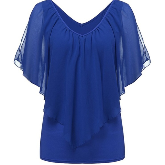 Blue Sleeveless Ruffle Off-Open-Cold-Shoulder Top - Picture 6 of 8